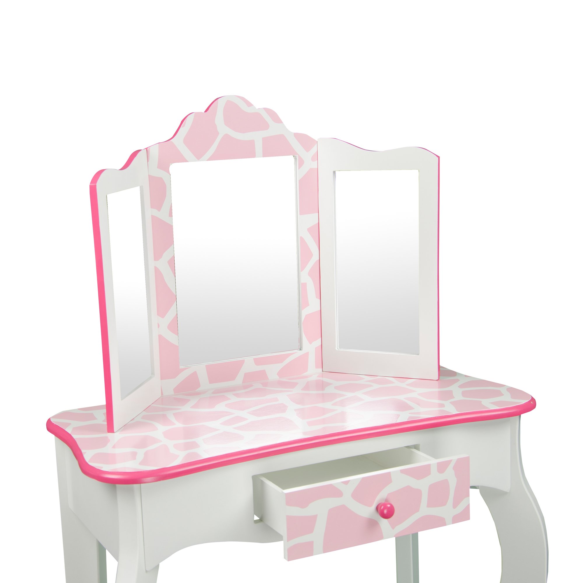 Teamson Kids Princess Gisele Giraffe Print 2-Piece Kids Wooden Play Vanity Set with Vanity Table, Tri-Fold Mirror, Storage Drawer, and Matching Stool, White with Pink Animal Print Accent