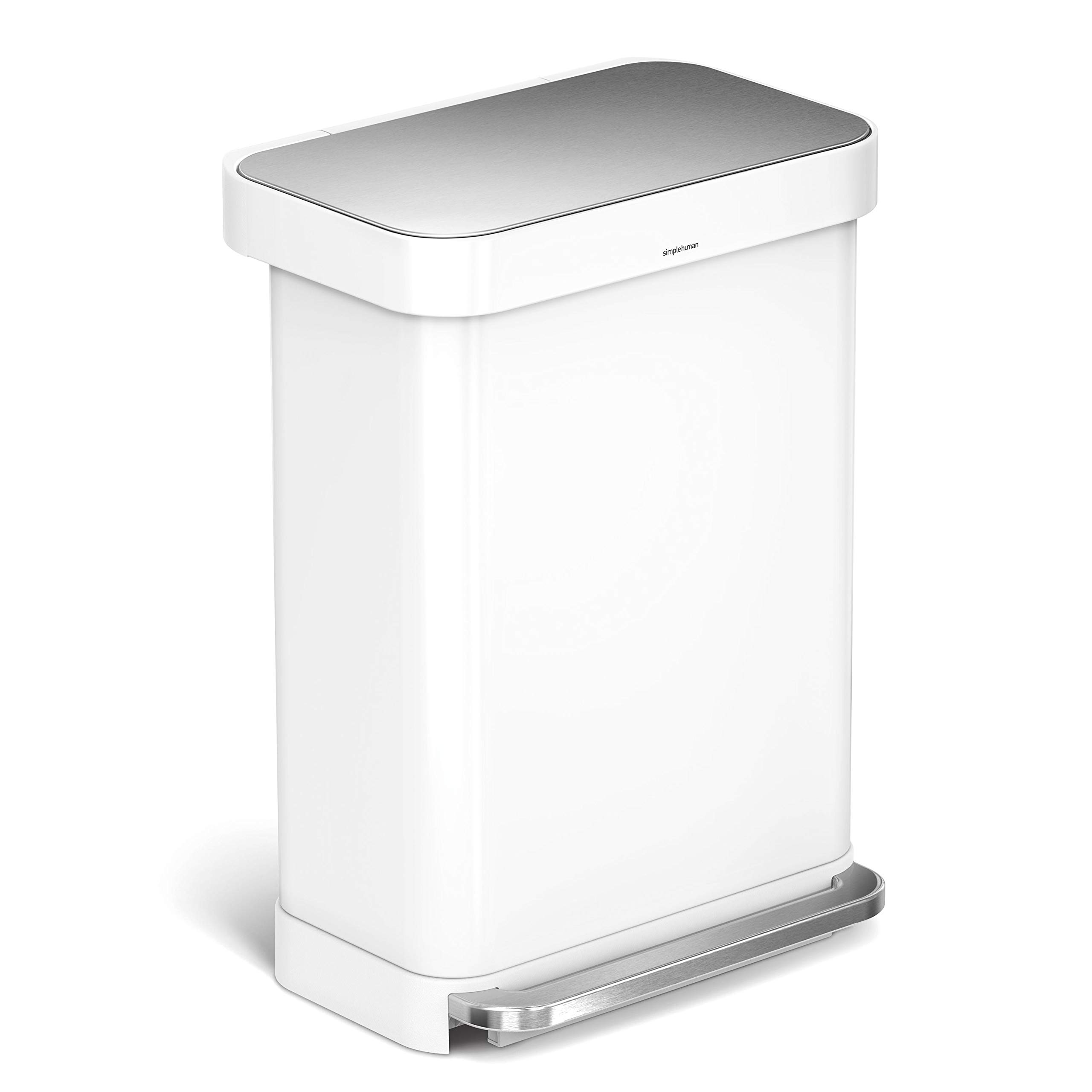 simplehuman 55 Liter Rectangular Kitchen Step Soft-Close Lid, White Stainless Steel Trash can