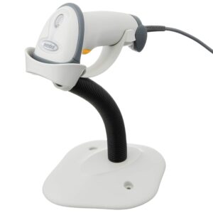 zebra ls2208 series corded handheld standard range laser scanner kit with gooseneck stand and cable cash register featuring white color model number ls2208-sr20001r-na