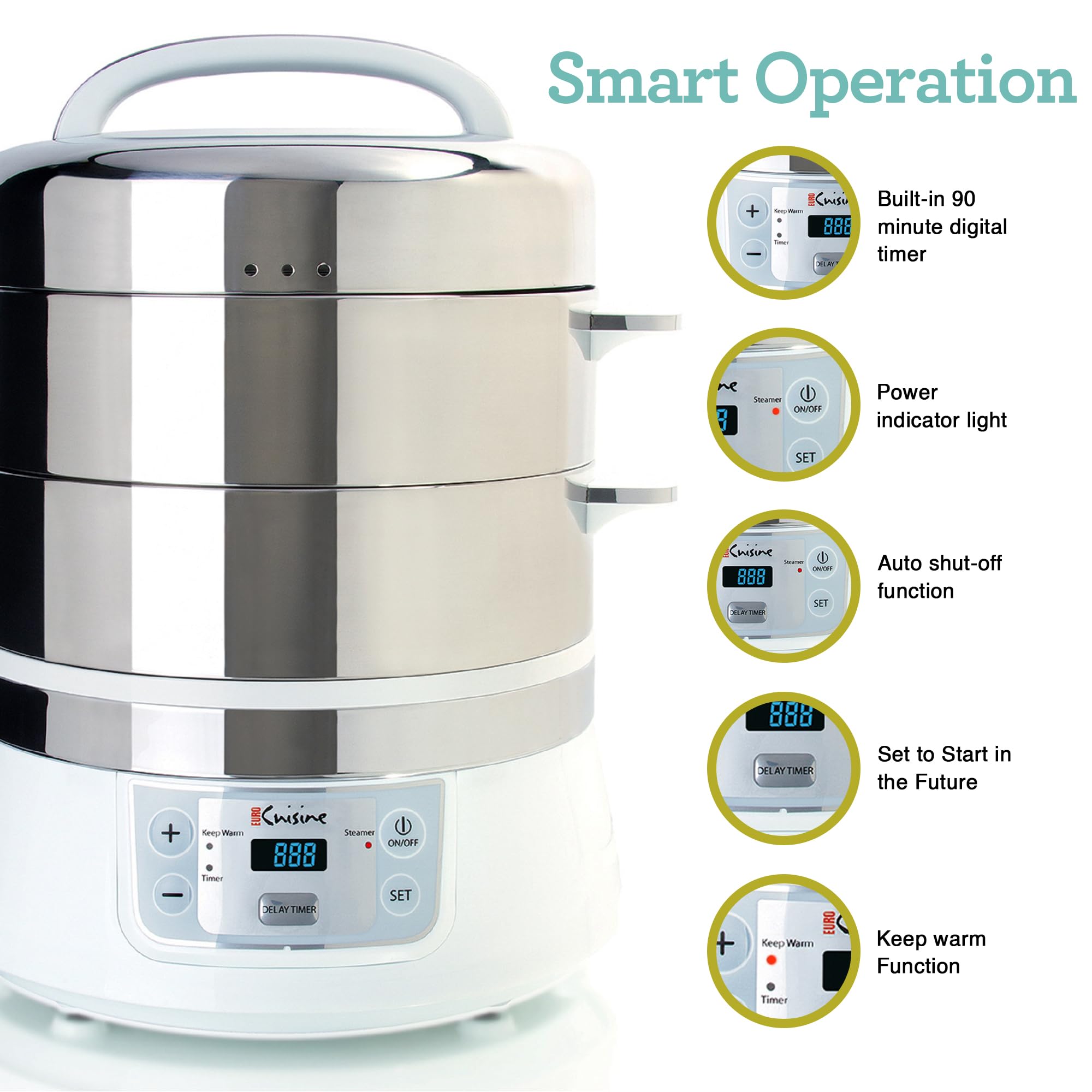 Euro Cuisine FS2500 Electric Food Steamer, Versatile Vegetable Steamer & Steam Cooker Ideal for Fish, Veggie, Meat, Stainless Steel 1200 Watts