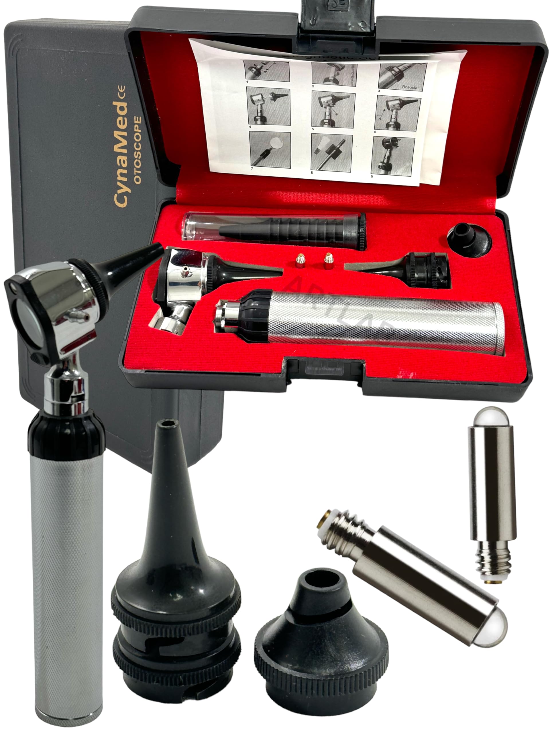 New SYNAMED USA 3.2V Otoscope Set Includes Set of Disposable Specula Adaptor and 3 Sizes of reuseable Specula Plus Hard CaseCase + 2FREE Bulb (CYNAMED Brand