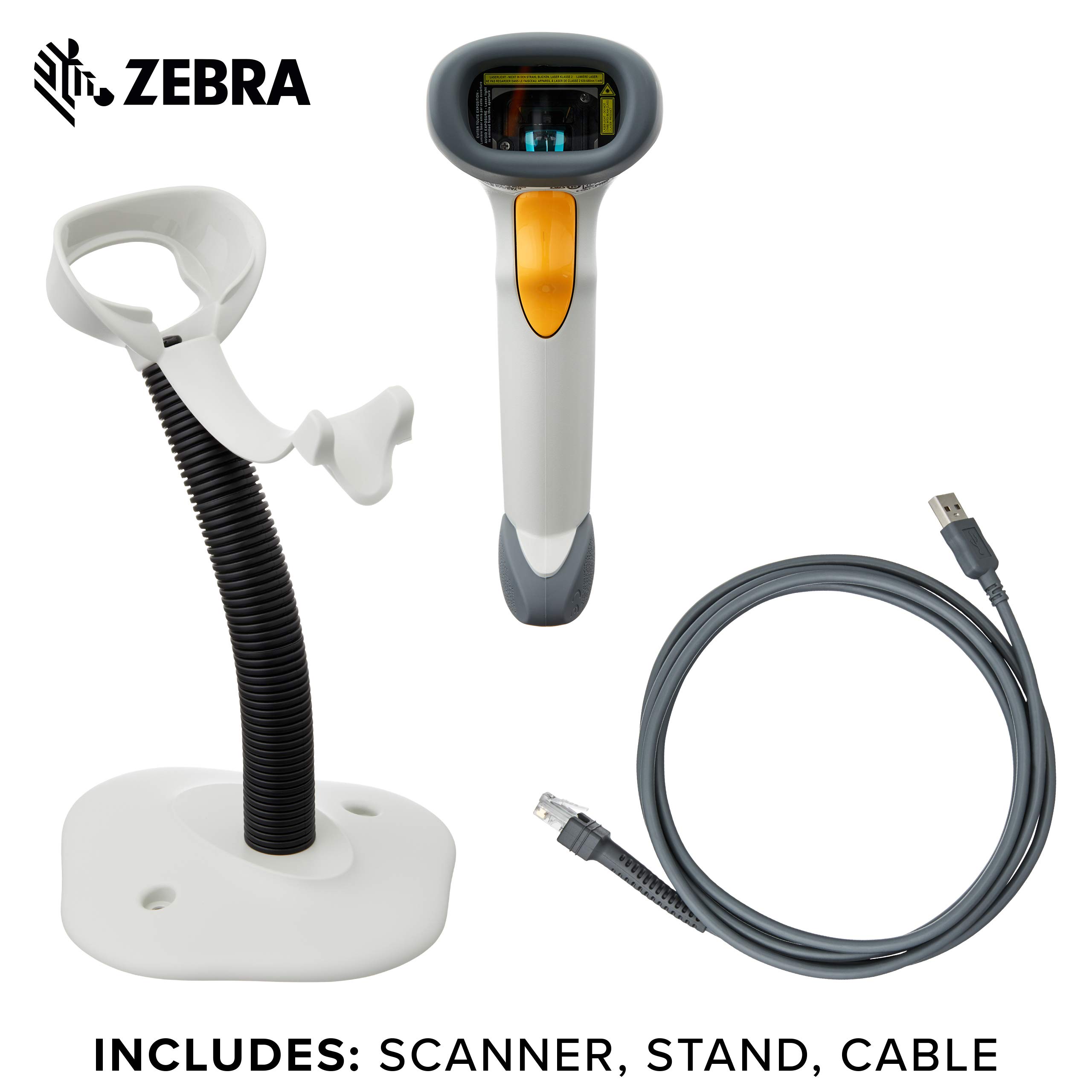 Zebra LS2208 Series Corded Handheld Standard Range Laser Scanner Kit with Gooseneck Stand and Cable Cash Register Featuring White Color Model Number LS2208-SR20001R-NA