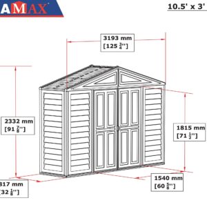 Duramax SidePro 10.5 Ft. x 3 Ft. Vinyl Garden Storage Shed | Made of Fire Retardant PVC Resin, All-Weather, Waterproof Outdoor Solution, Store Bikes, Tools, BBQ, Home Gym | Strong Metal Roof Structure