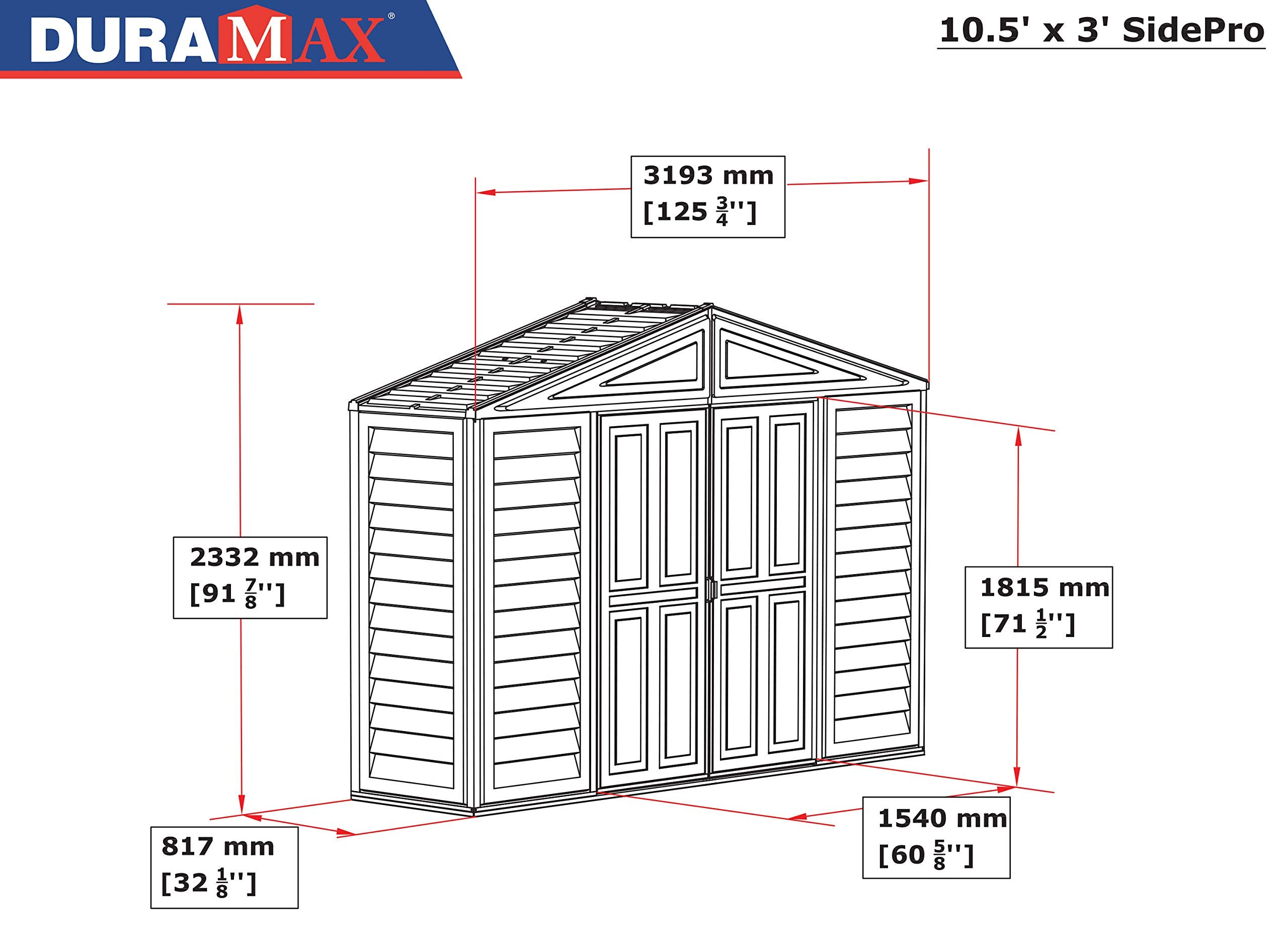 Duramax SidePro 10.5 Ft. x 3 Ft. Vinyl Garden Storage Shed | Made of Fire Retardant PVC Resin, All-Weather, Waterproof Outdoor Solution, Store Bikes, Tools, BBQ, Home Gym | Strong Metal Roof Structure