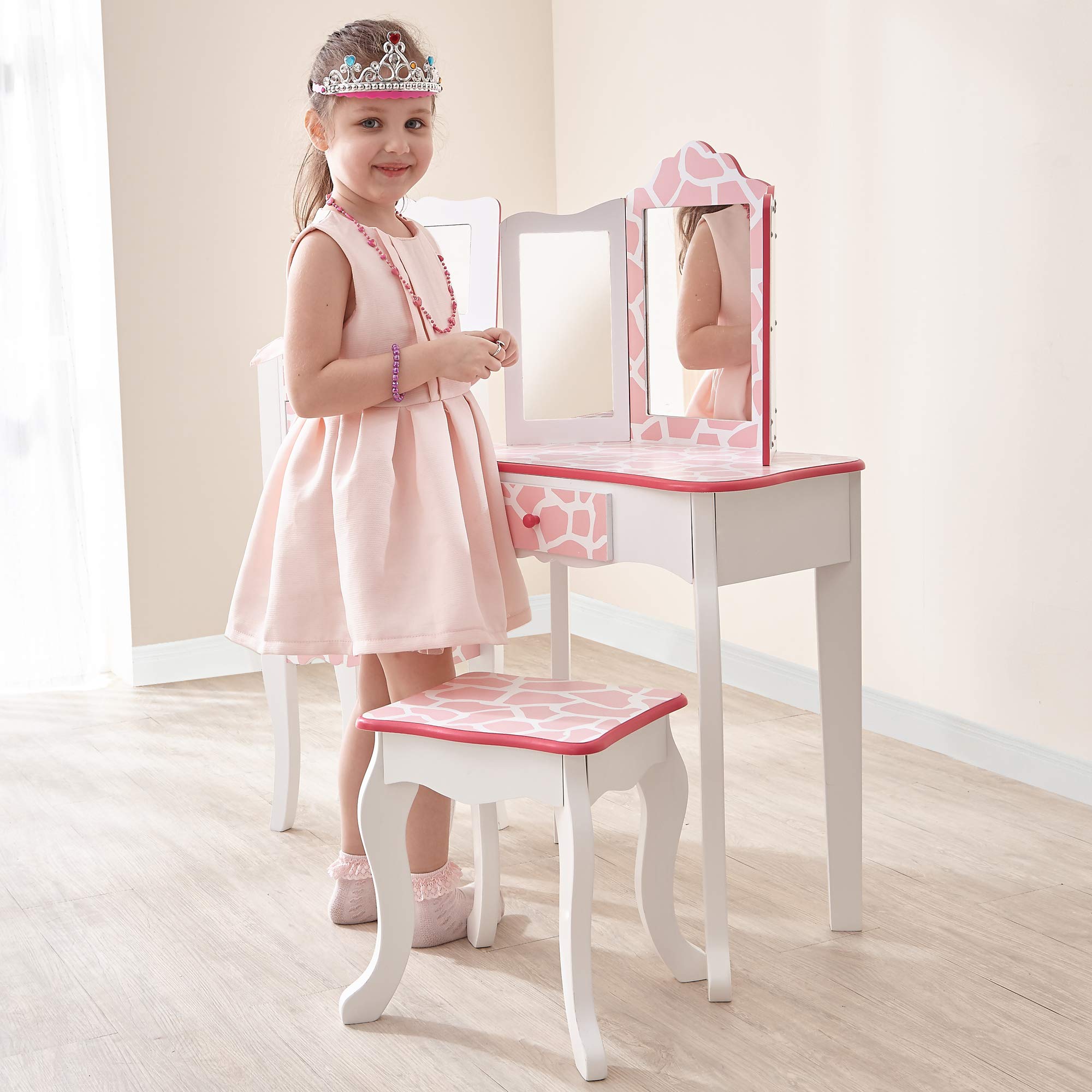 Teamson Kids Princess Gisele Giraffe Print 2-Piece Kids Wooden Play Vanity Set with Vanity Table, Tri-Fold Mirror, Storage Drawer, and Matching Stool, White with Pink Animal Print Accent