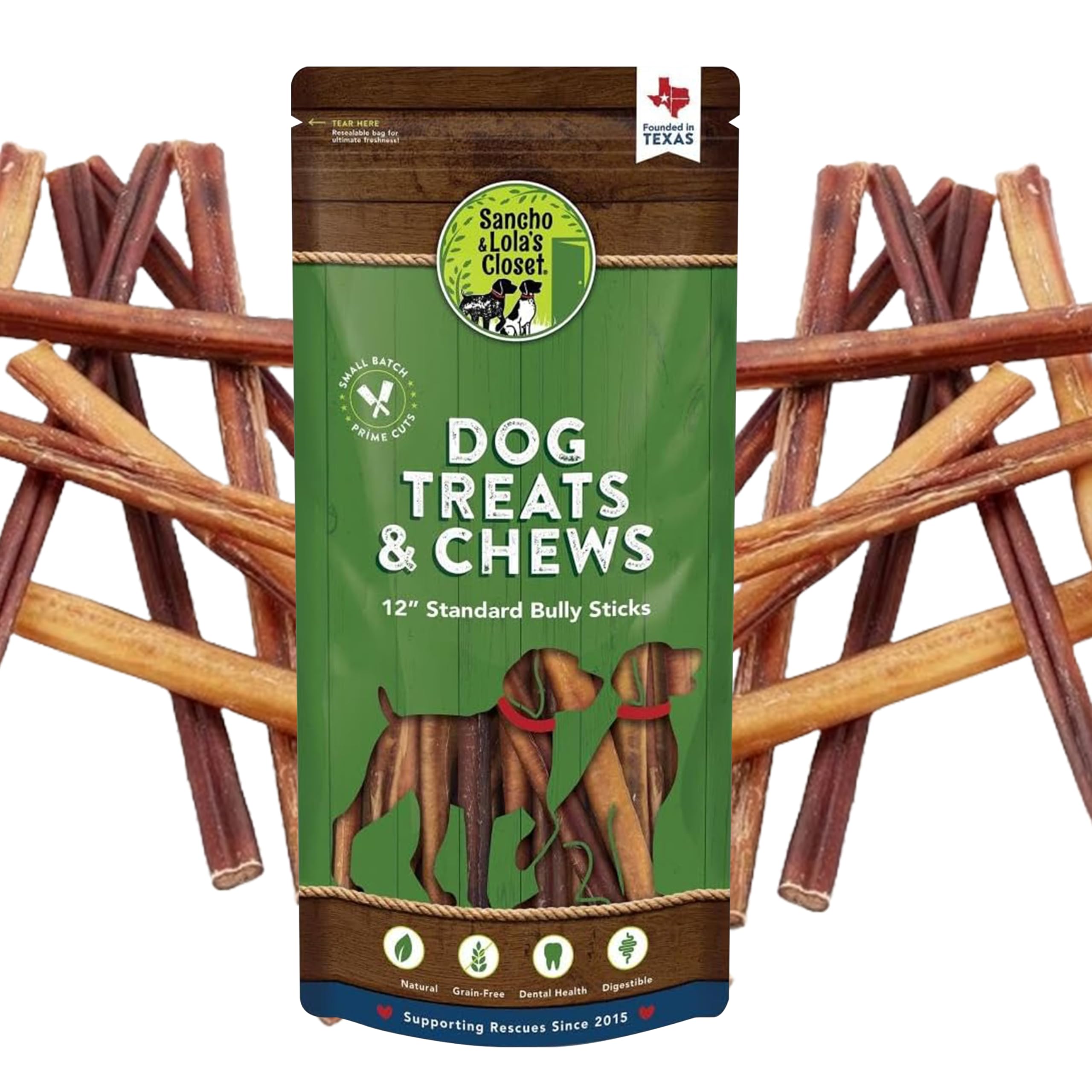 Supreme 12-inch Standard Bully Sticks by Sancho and Lola’s (5 Pack) All-Natural, Long-Lasting Dog Chew Treats - Free-Range, Grass-Fed Beef - Low Odor