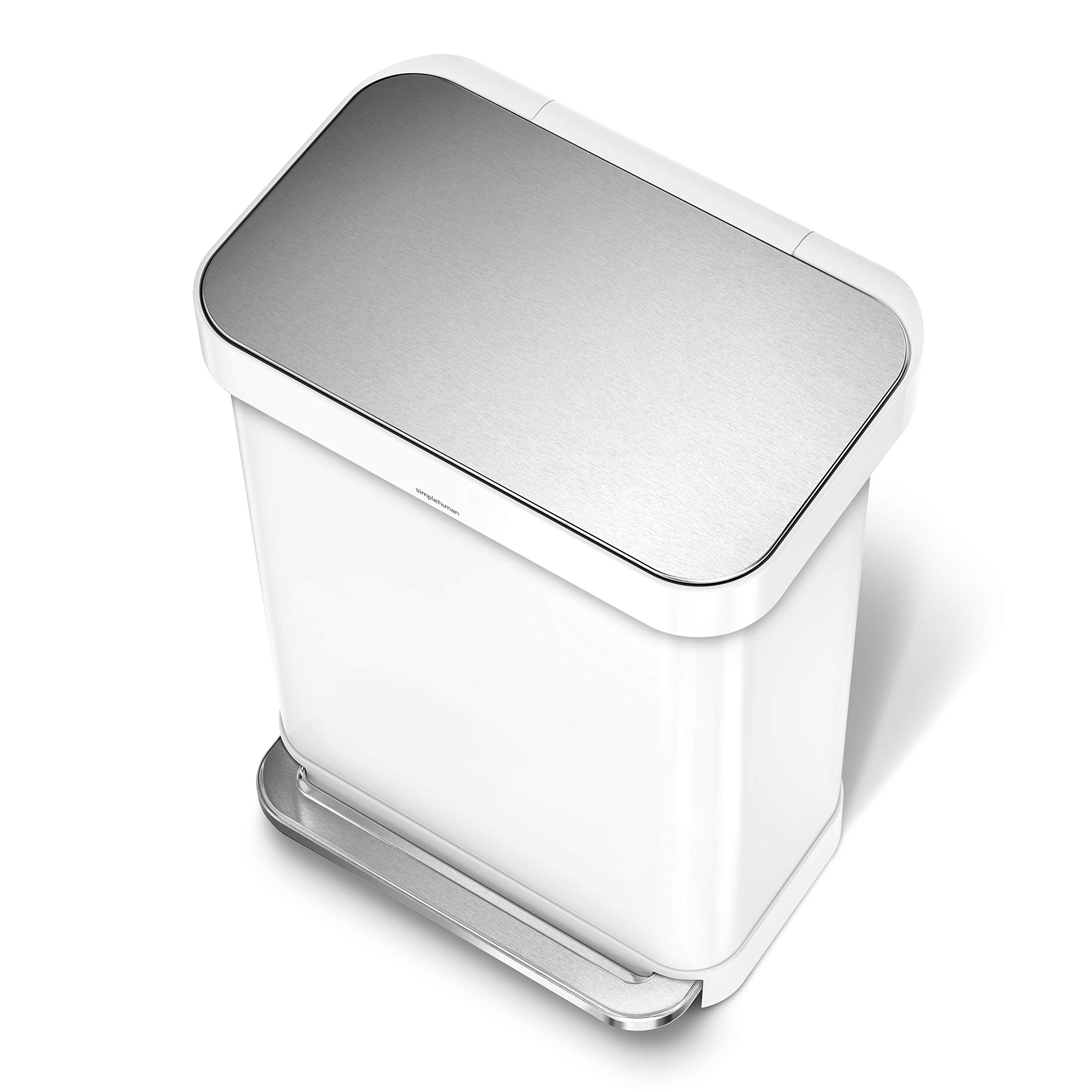 simplehuman 55 Liter Rectangular Kitchen Step Soft-Close Lid, White Stainless Steel Trash can