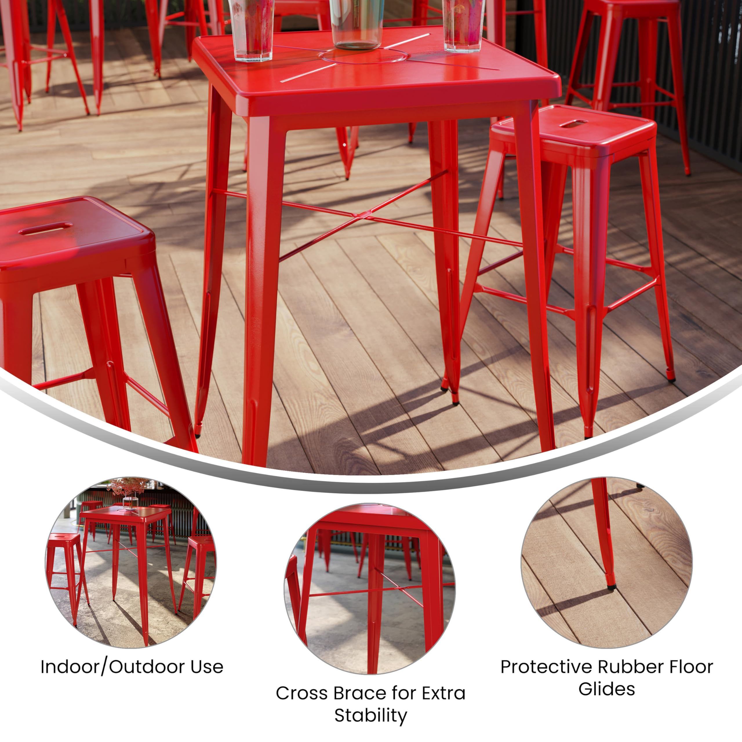 Flash Furniture Aaron Commercial Grade 23.75" Square Red Metal Indoor-Outdoor Bar Height Table