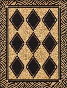 unique loom wildlife collection animal inspired with tiger bordered design area rug, 9 ft x 12 ft, light brown/black