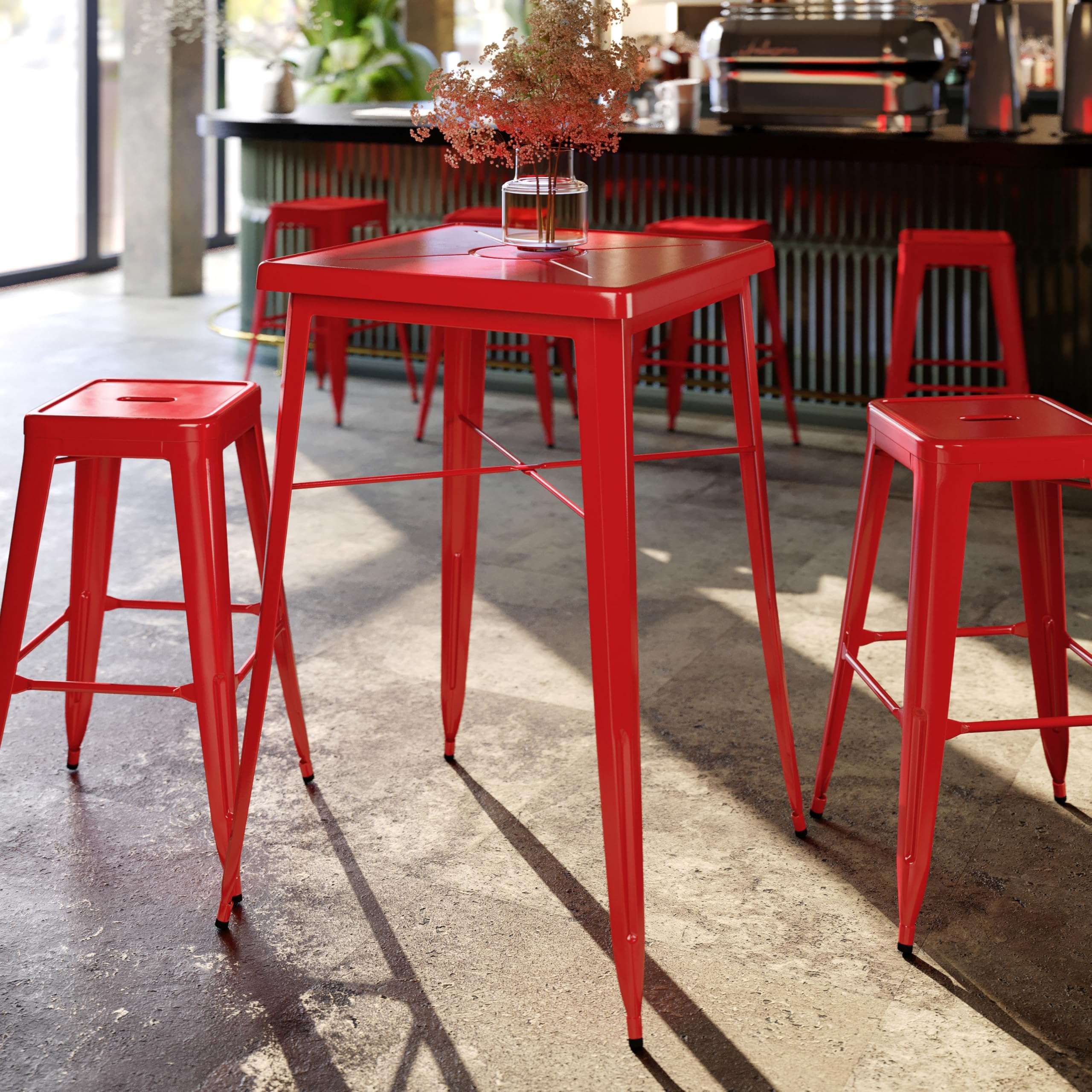 Flash Furniture Aaron Commercial Grade 23.75" Square Red Metal Indoor-Outdoor Bar Height Table