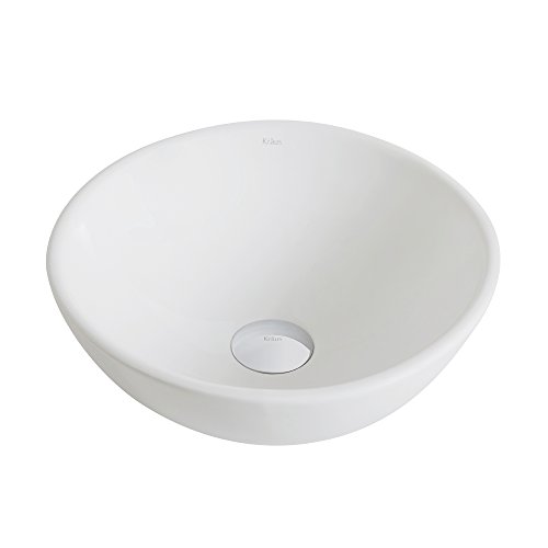 Kraus KCV-341-BN Modern Elavo Ceramic Small Round Vessel Bathroom Sink with Pop Up Drain, Brushed Nickel/White