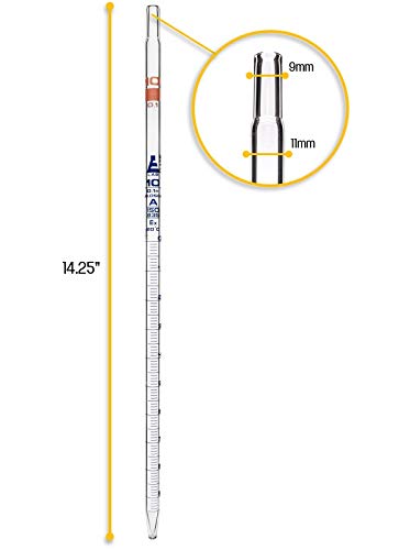 EISCO Serological Pipette, 10ml - Class A, Tolerance ±0.050ml - Blue Graduations - Color Code, Orange - Calibrated for Delivery to Jet - Borosilicate Glass