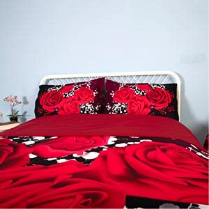 3D Oil Red Rose Bedding Sets 4PC,(1PC Duvet Cover,1PC Bed Sheet,2PC Pillowcase),100% Cotton King Queen Size Red Rose Duvet Cover Sets,Queen/Full Size