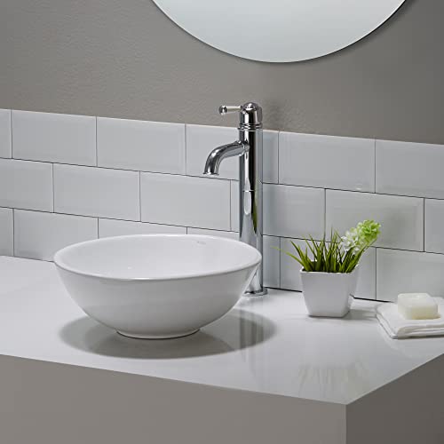 Kraus KCV-341-BN Modern Elavo Ceramic Small Round Vessel Bathroom Sink with Pop Up Drain, Brushed Nickel/White