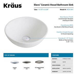 Kraus KCV-341-BN Modern Elavo Ceramic Small Round Vessel Bathroom Sink with Pop Up Drain, Brushed Nickel/White