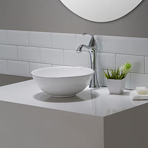 Kraus KCV-341-BN Modern Elavo Ceramic Small Round Vessel Bathroom Sink with Pop Up Drain, Brushed Nickel/White