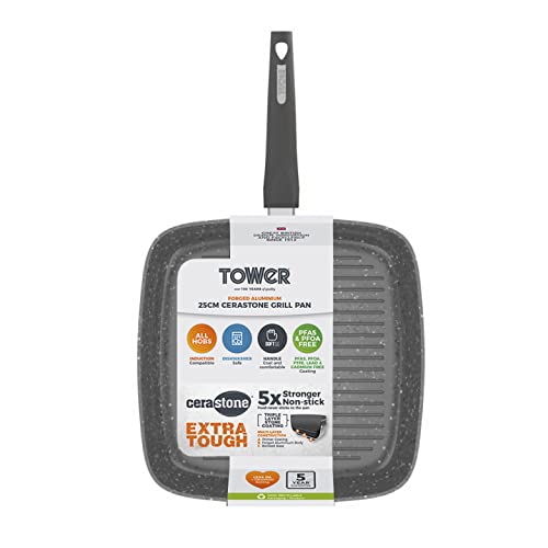 Tower T80336 Cerastone Forged Grill Pan with Non-Stick Coating and Soft Touch Handle, 25cm, Graphite