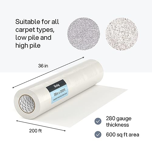 Kenley Carpet Protection Film - Self Adhesive Plastic Carpet Protector Film - Heavy Duty Shield Covering for Stairs Floor Runner Surface - Puncture & Water Resistant Sticky Protection Roll (36"x200')