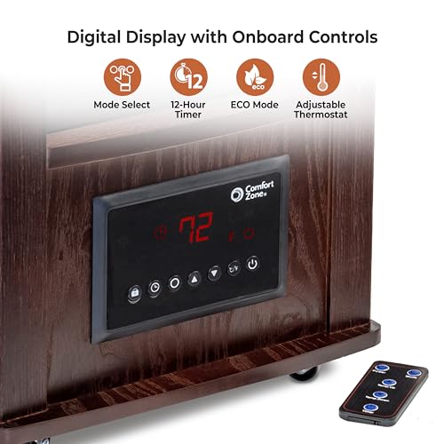 Comfort Zone Wood Cabinet Space Heater with Remote, 16 inch, Adjustable Thermostat, Digital Display, Overheat Protection, Electric, Infrared Quartz, Ideal for Home, Bedroom, & Office, 1,500W, CZ2032C