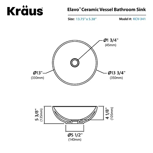 Kraus KCV-341-BN Modern Elavo Ceramic Small Round Vessel Bathroom Sink with Pop Up Drain, Brushed Nickel/White