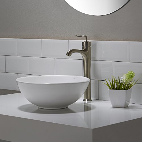 Kraus KCV-341-BN Modern Elavo Ceramic Small Round Vessel Bathroom Sink with Pop Up Drain, Brushed Nickel/White