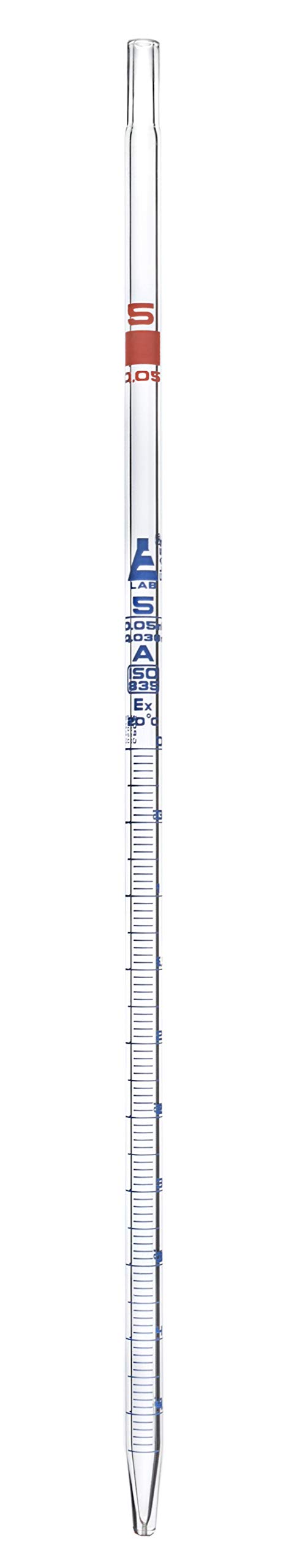 EISCO Serological Pipette, 5ml - Class A, Tolerance ±0.030ml - Blue Graduations - Color Code, Red - Calibrated for Delivery to Jet - Borosilicate Glass