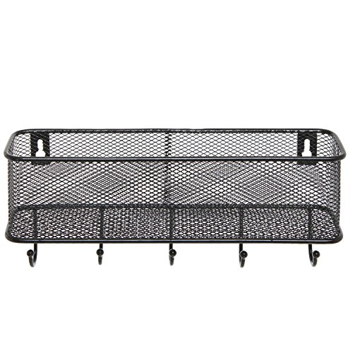 MyGift Modern Black Metal Walll Mounted Key Hook Organizer and Mail Holder, Entryway Hanging Wire Mesh Storage Basket with 5 Hooks