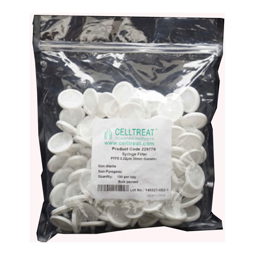 Celltreat 229777 Syringe Filter, PTFE, 0.22 μm, 13 mm, Bulk Packed, Non- Sterile, Re-Sealable Bag, White (Pack of 100)