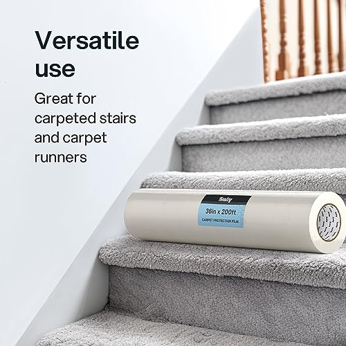 Kenley Carpet Protection Film - Self Adhesive Plastic Carpet Protector Film - Heavy Duty Shield Covering for Stairs Floor Runner Surface - Puncture & Water Resistant Sticky Protection Roll (36"x200')