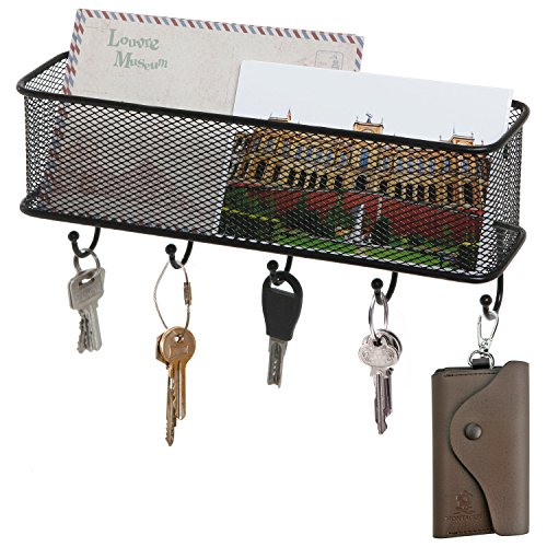 MyGift Modern Black Metal Walll Mounted Key Hook Organizer and Mail Holder, Entryway Hanging Wire Mesh Storage Basket with 5 Hooks