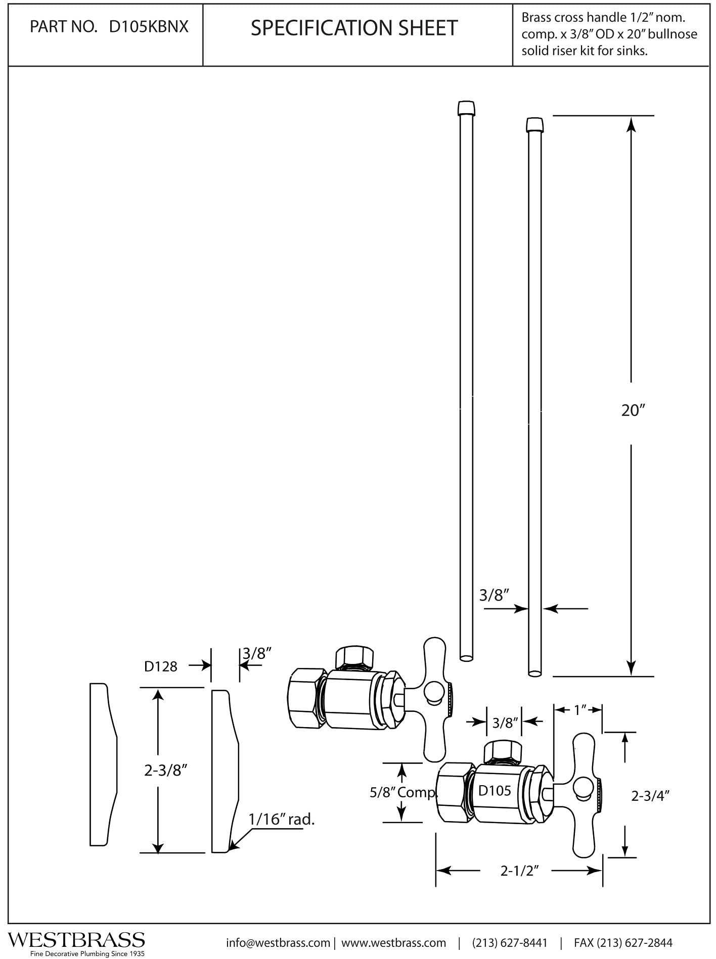 Westbrass Bullnose Faucet Kit with Cross Handles, 5/8" OD x 3/8" OD x 20", Polished Nickel, D105KBNX-05