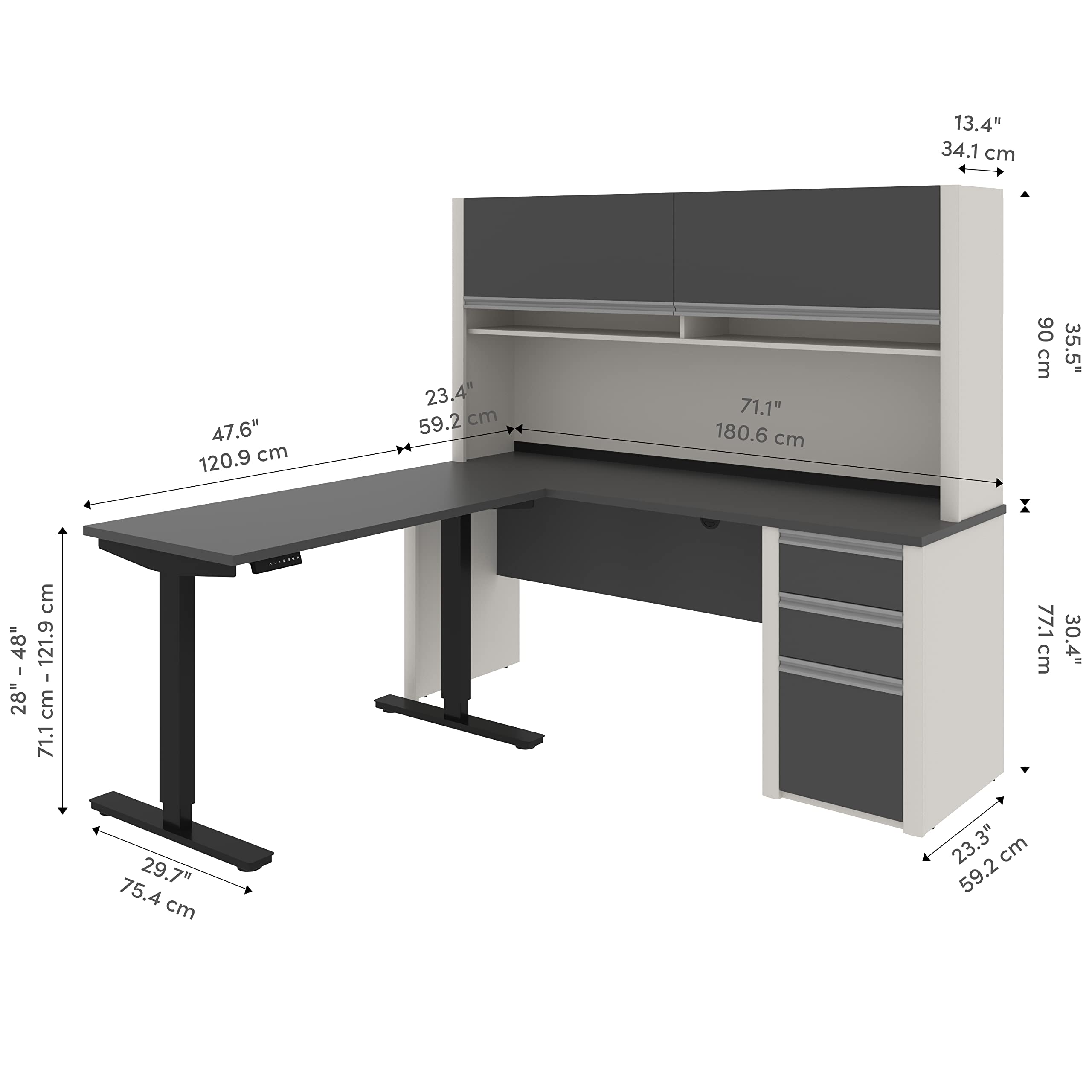 BESTAR Connexion L-Shaped Standing Desk with Pedestal and Hutch, 72W, Slate/Sandstone