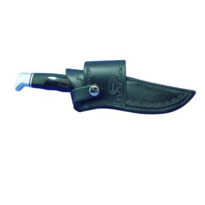 buck 119 cross draw knife sheath. this sheath is made out of 8 ounce leather the leather is very soft durable and pliable you will not need to line your sheath for your finer knives. the leather is dyed black with border tooling. the sheath can be worn on