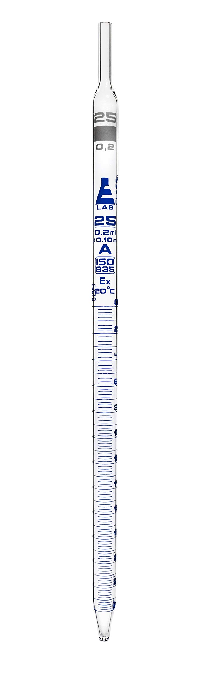 EISCO Serological Pipette, 25ml - Class A, Tolerance ±0.100ml - Blue Graduations - Color Code, White - Calibrated for Delivery to Jet - Borosilicate Glass