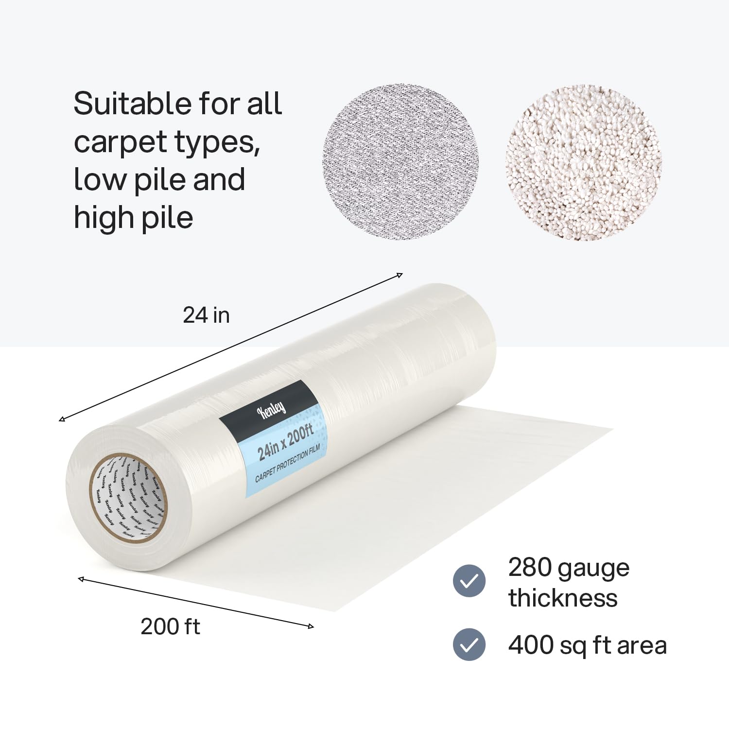 Kenley Carpet Protection Film - Self Adhesive Plastic Carpet Protector Film - Heavy Duty Shield Covering for Stairs Floor Runner Surface - Puncture & Water Resistant Sticky Protection Roll (24"x200')