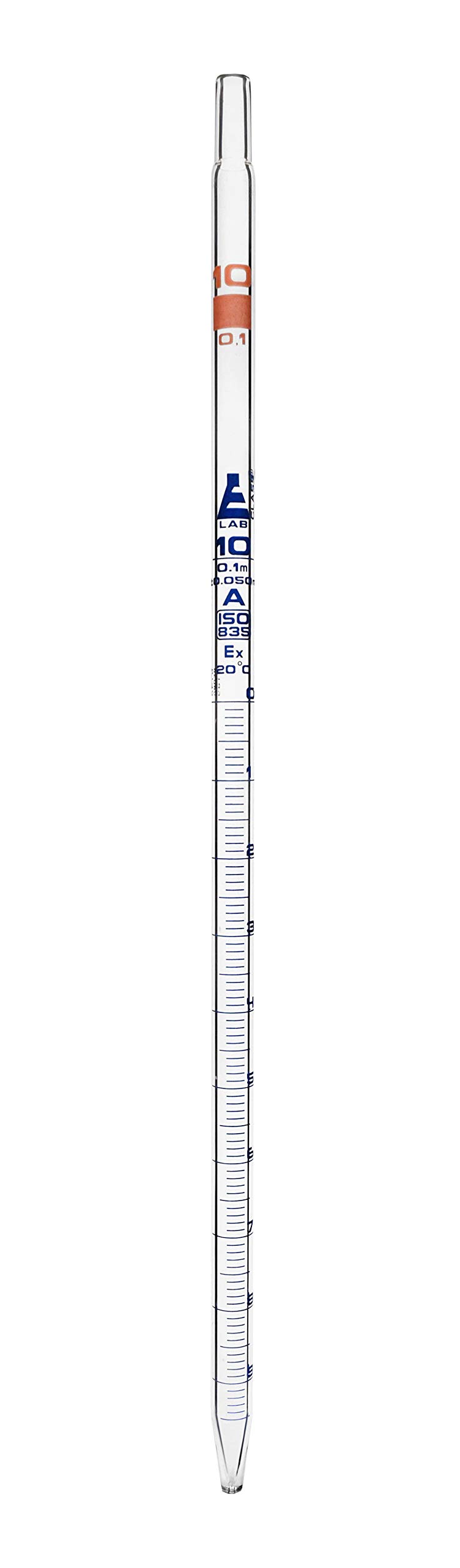 EISCO Serological Pipette, 10ml - Class A, Tolerance ±0.050ml - Blue Graduations - Color Code, Orange - Calibrated for Delivery to Jet - Borosilicate Glass