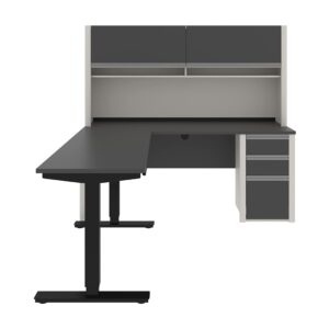 BESTAR Connexion L-Shaped Standing Desk with Pedestal and Hutch, 72W, Slate/Sandstone