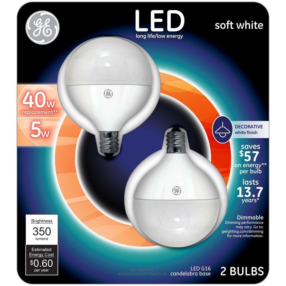 GE LED 40W Equivalent Soft White G16 Globe White Candelabra Base Dimmable LED Light Bulb