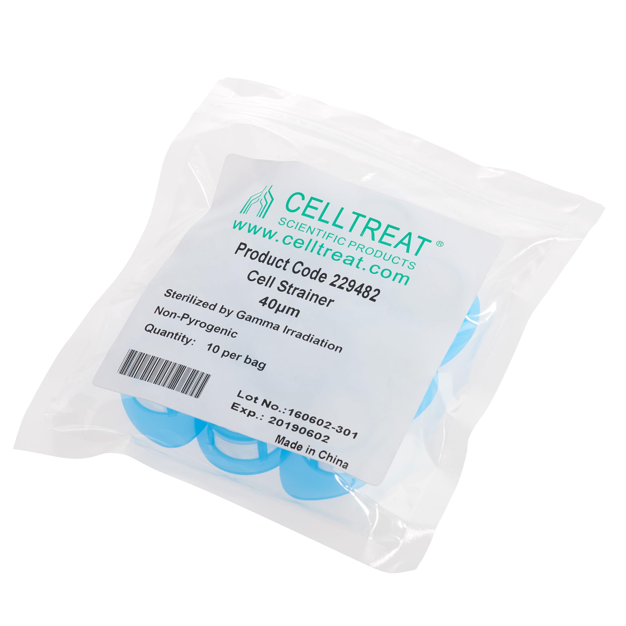 Celltreat 229482 Cell Strainer, 40 μm, Bulk Packed, Sterile, 10 per Bag, Blue (Pack of 50)