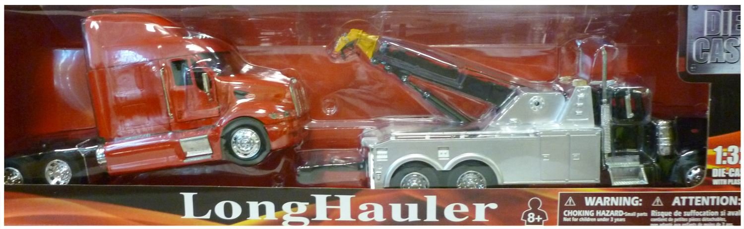 Newray Peterbilt Black Tow Truck with Red Peterbilt Cab 1/32 Scale Pre-Built Diecast Model Set