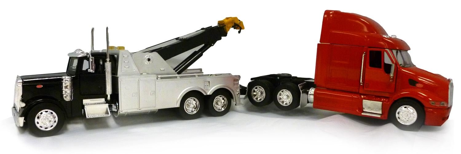 Newray Peterbilt Black Tow Truck with Red Peterbilt Cab 1/32 Scale Pre-Built Diecast Model Set