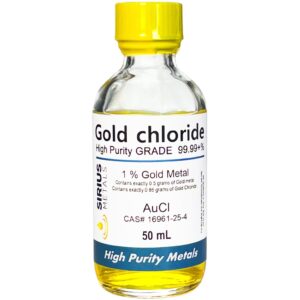 gold chloride - 1.725% (1.0% as 99.997% pure gold metal) - 50 ml in a clear glass bottle