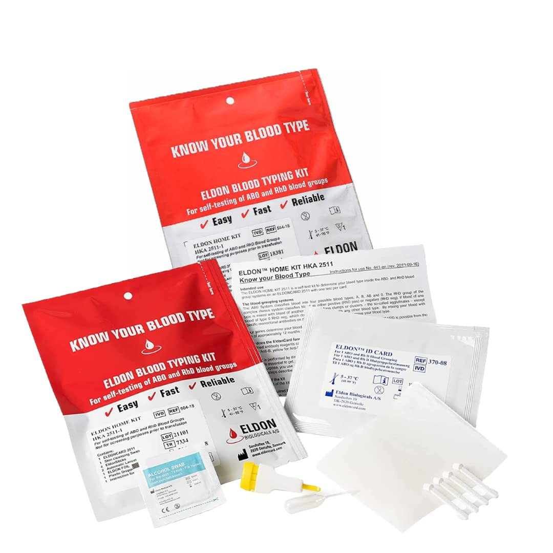 Eldoncard Blood Typing Kit, 2 Test Pack, Know Your Blood Type, Accurate Instant Home Testing, Determine A, O, B, RHS-D Negative & Positive Groups