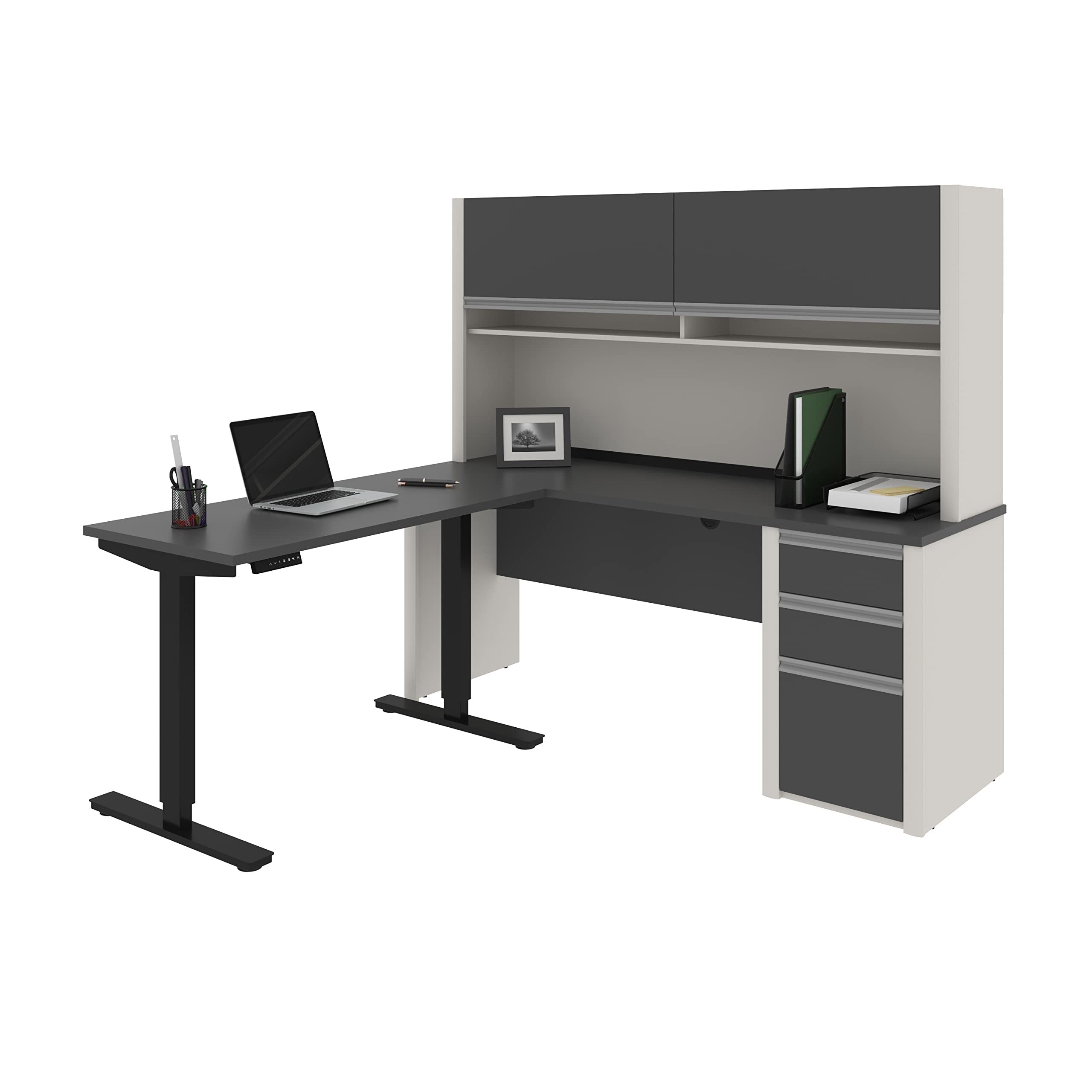 BESTAR Connexion L-Shaped Standing Desk with Pedestal and Hutch, 72W, Slate/Sandstone