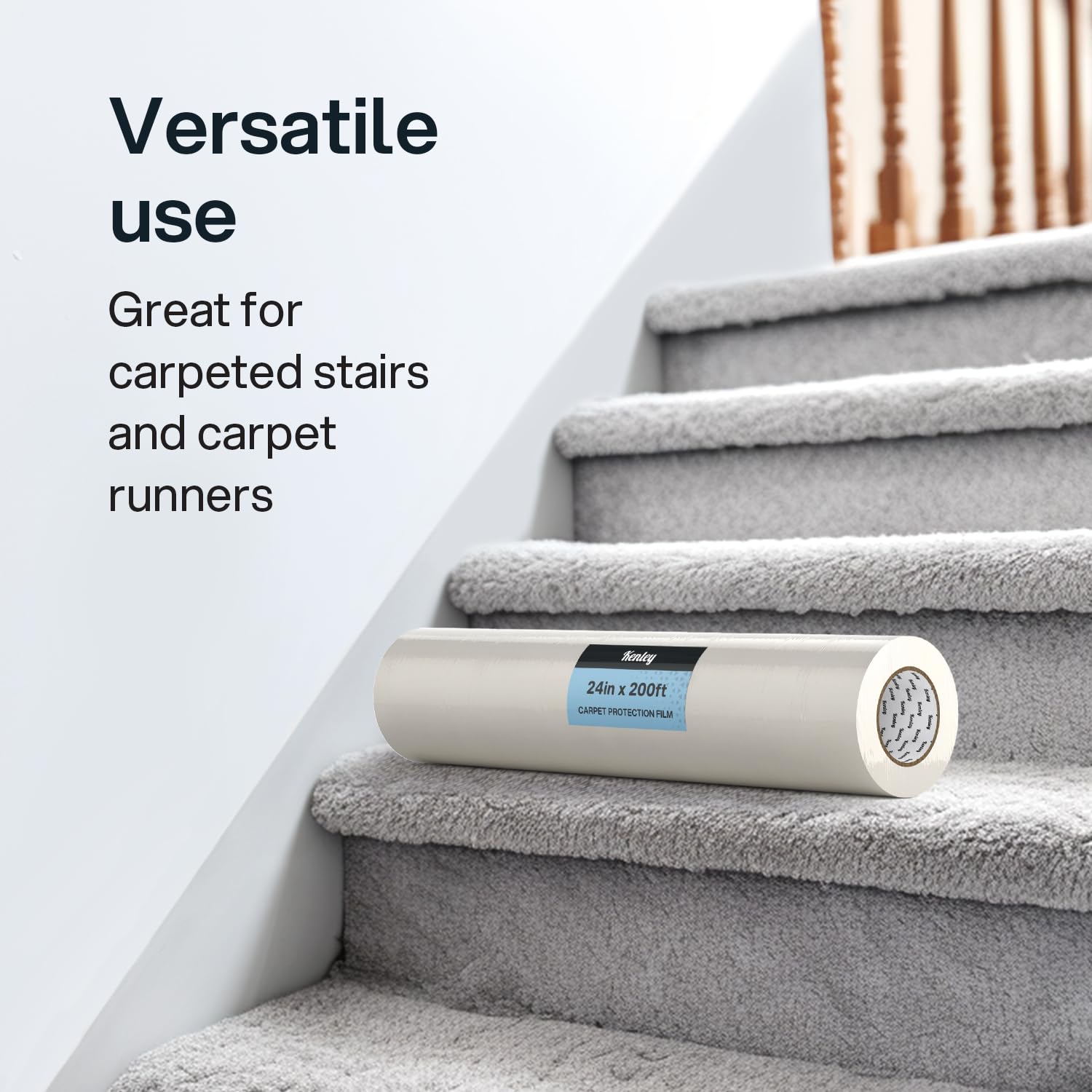 Kenley Carpet Protection Film - Self Adhesive Plastic Carpet Protector Film - Heavy Duty Shield Covering for Stairs Floor Runner Surface - Puncture & Water Resistant Sticky Protection Roll (24"x200')