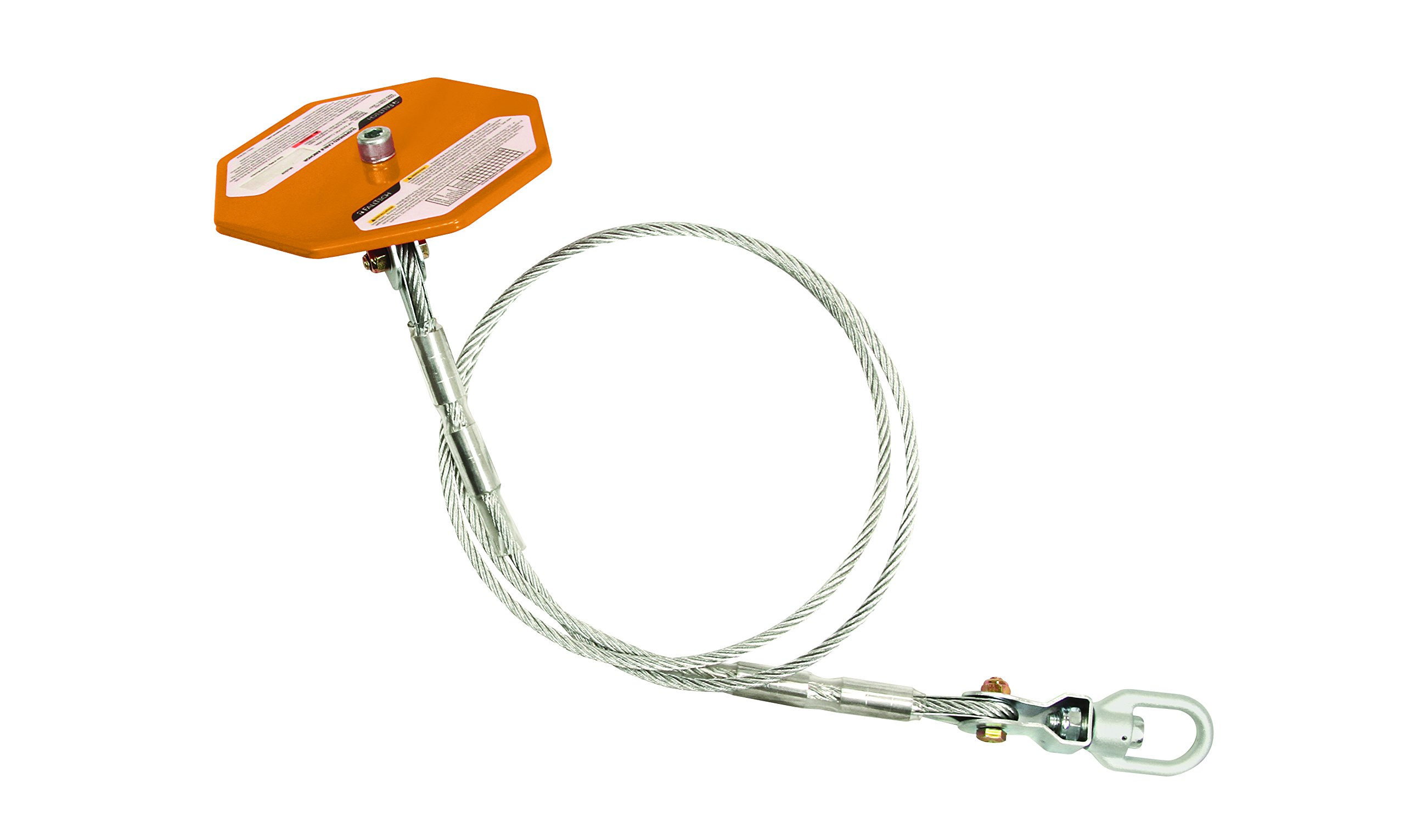 FallTech 74946 Suspended Cable Anchor - High Strength 1/4" Galvanized Cable, Hi-Vis Load-Bearing Plate, 1 Swivel Anchor Eye One Attachment End, 6', Orange