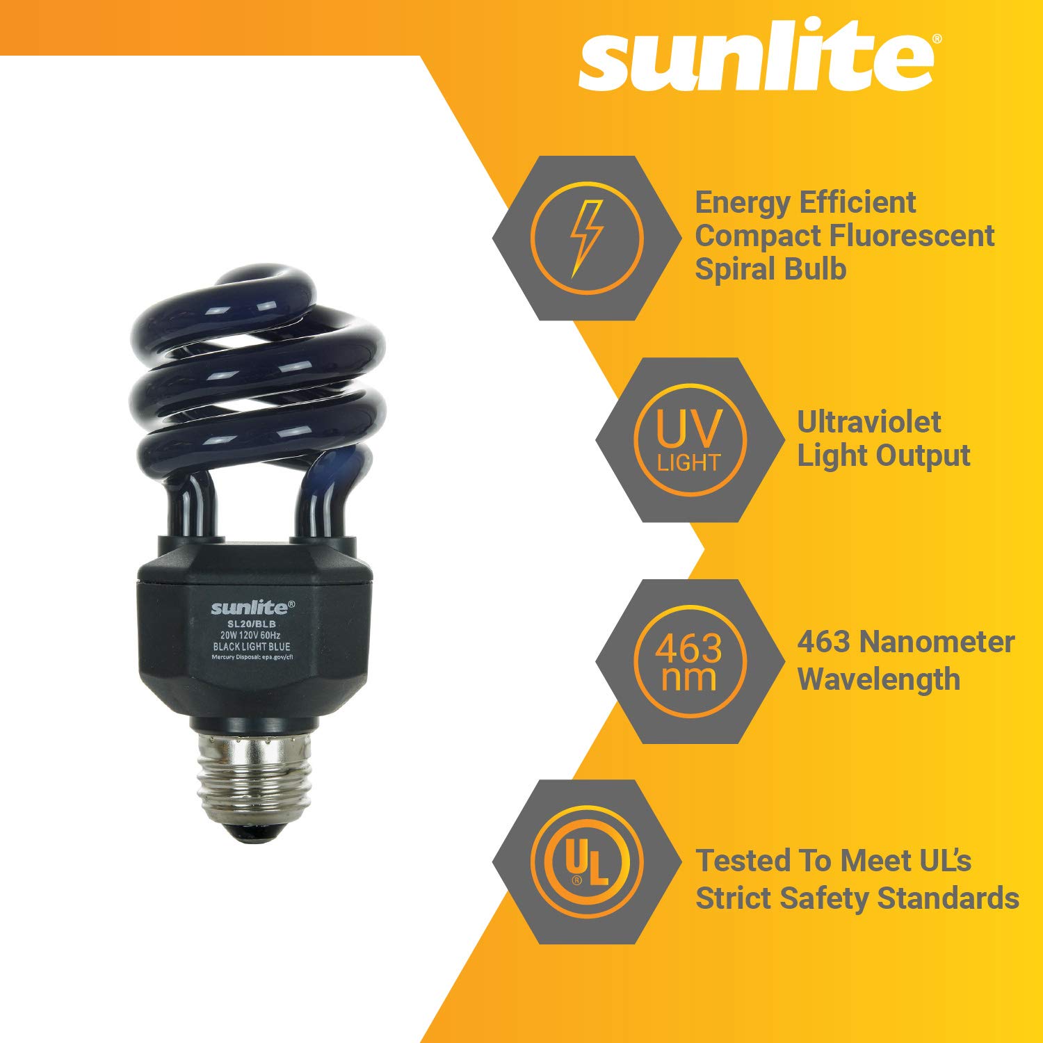 Sunlite 05646-SU CFL Black Light Bulb (BLB), Perfect for Halloween, Spiral Blacklight, 20 Watts, 120 Volts, Medium Base (E26), 463nm, UL Listed, 6 Count (Pack of 1)