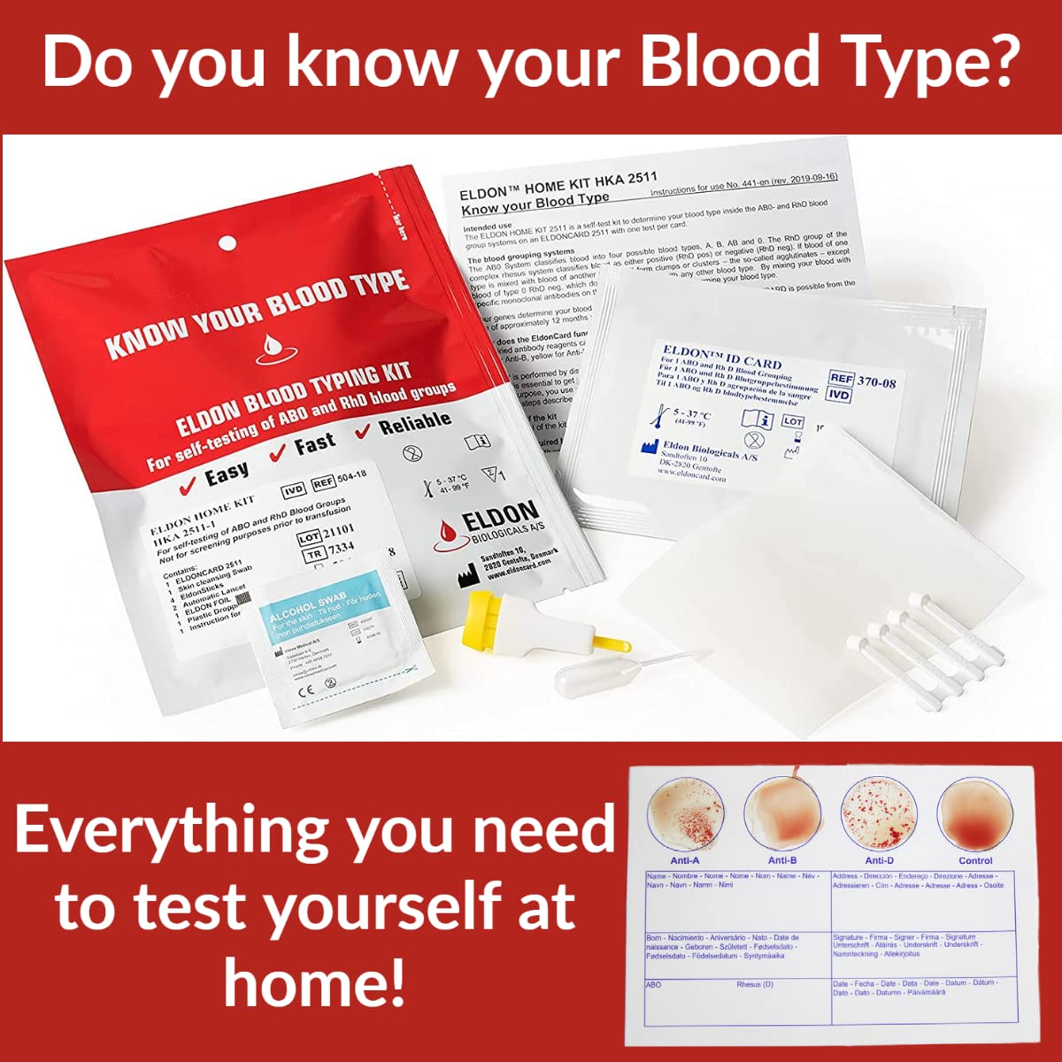 Eldoncard Blood Typing Kit, 3 Test Pack, Know Your Blood Type, Accurate Instant Home Testing, Determine A, O, B, Rhs-D Negative & Positive Groups