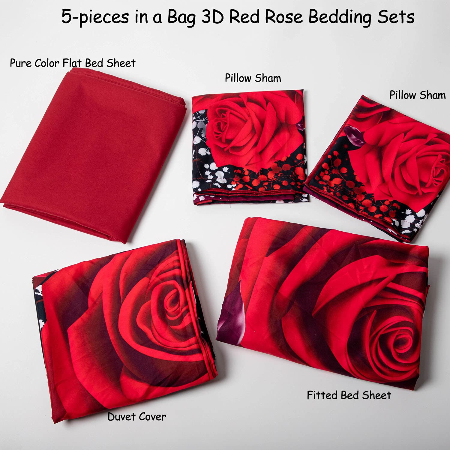 3D Oil Red Rose Bedding Sets 4PC,(1PC Duvet Cover,1PC Bed Sheet,2PC Pillowcase),100% Cotton King Queen Size Red Rose Duvet Cover Sets,Queen/Full Size