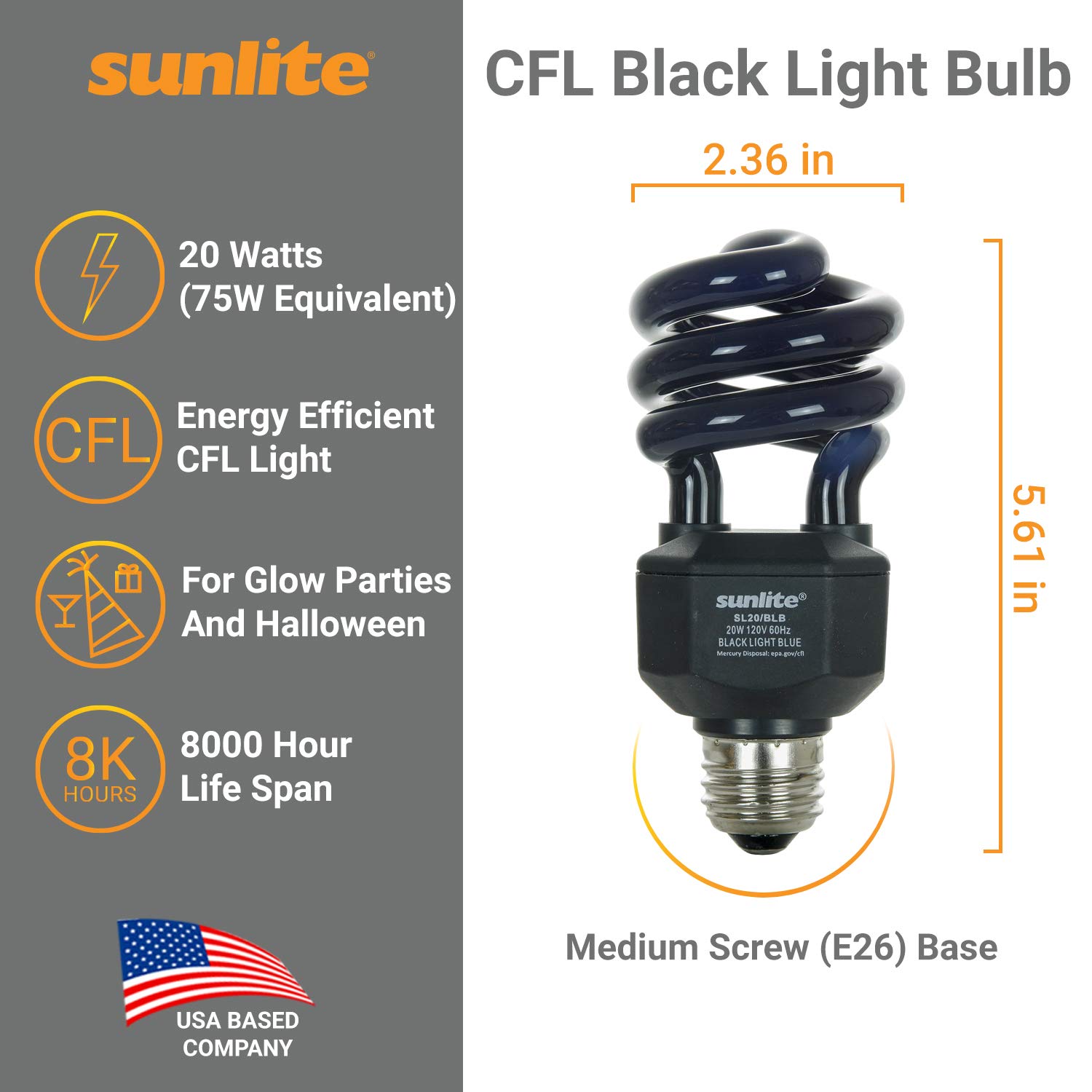 Sunlite 05646-SU CFL Black Light Bulb (BLB), Perfect for Halloween, Spiral Blacklight, 20 Watts, 120 Volts, Medium Base (E26), 463nm, UL Listed, 6 Count (Pack of 1)